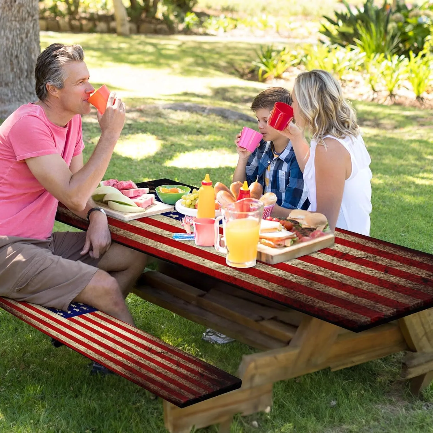 Picnic Table Cover with Bench Covers Elastic Edges, American Flag Fitted Table Cover, Outdoor Patio Camping Essentials 72 Inch 3PCS, Waterproof Camping Fitted Tablecloth with Drawstring Bag