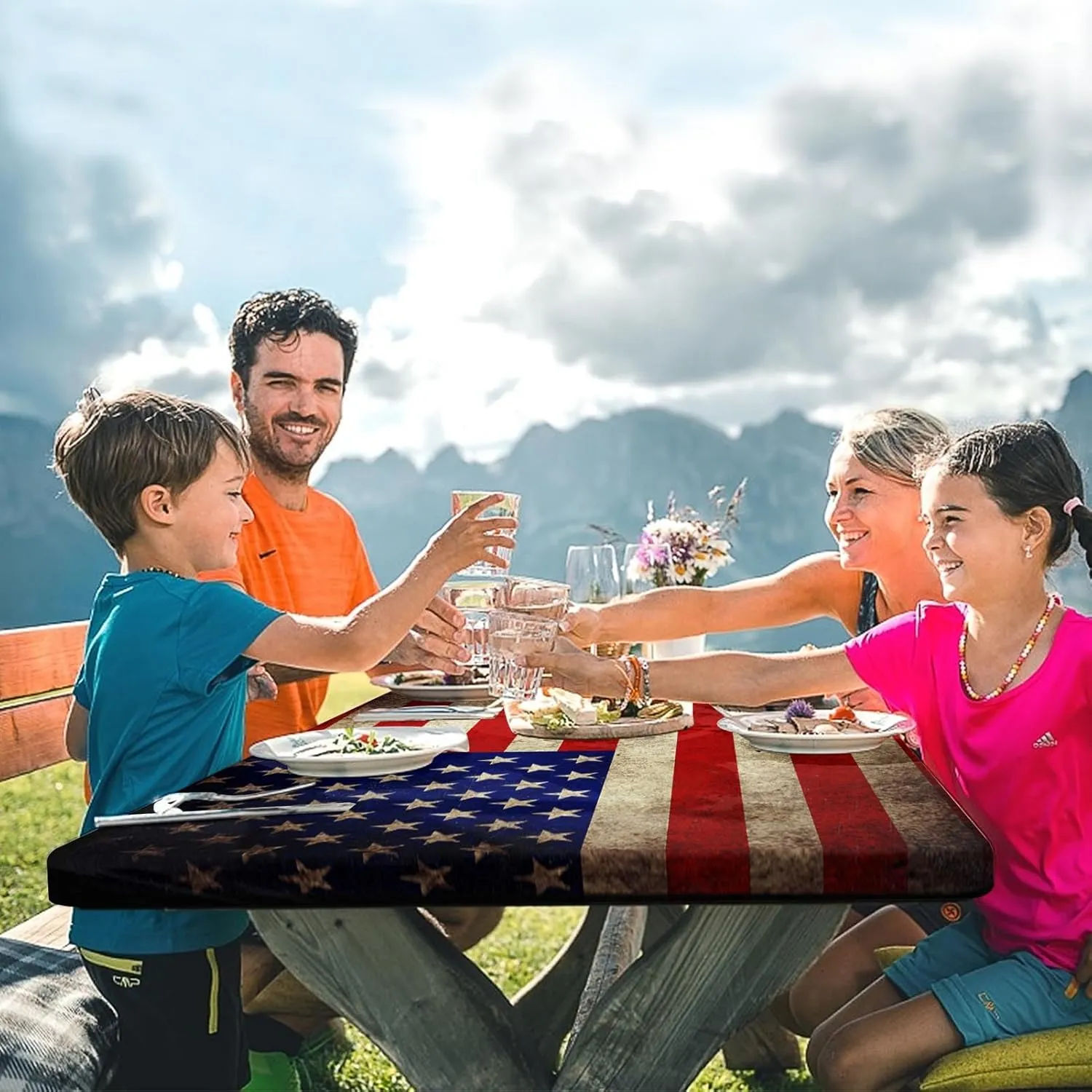 Picnic Table Cover with Bench Covers Elastic Edges, American Flag Fitted Table Cover, Outdoor Patio Camping Essentials 72 Inch 3PCS, Waterproof Camping Fitted Tablecloth with Drawstring Bag