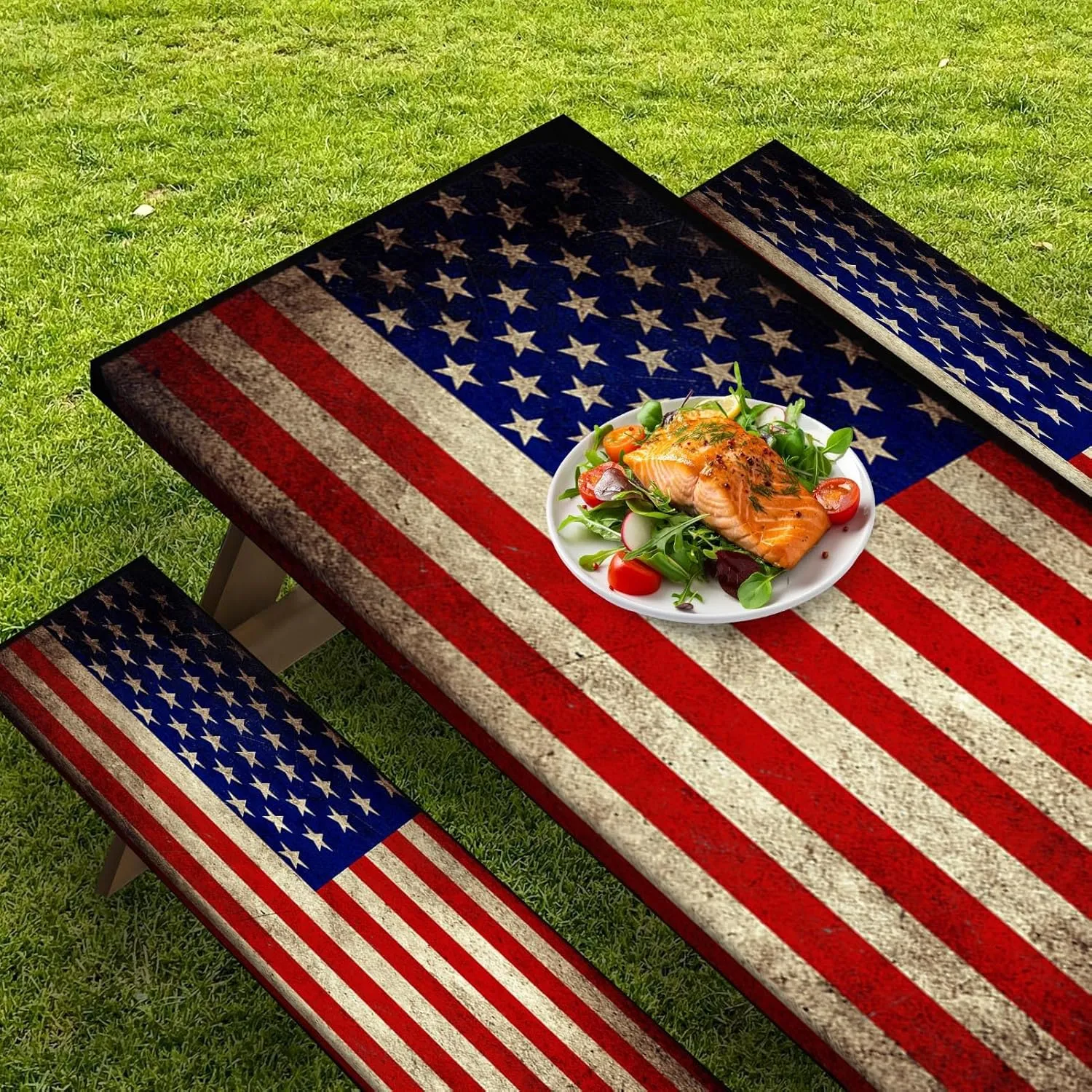 Picnic Table Cover with Bench Covers Elastic Edges, American Flag Fitted Table Cover, Outdoor Patio Camping Essentials 72 Inch 3PCS, Waterproof Camping Fitted Tablecloth with Drawstring Bag