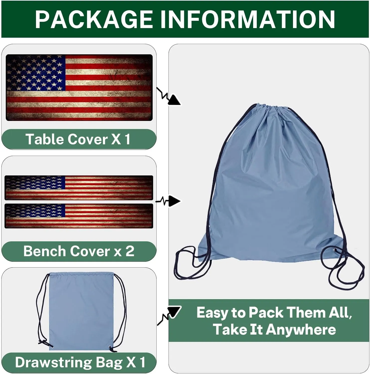 Picnic Table Cover with Bench Covers Elastic Edges, American Flag Fitted Table Cover, Outdoor Patio Camping Essentials 72 Inch 3PCS, Waterproof Camping Fitted Tablecloth with Drawstring Bag