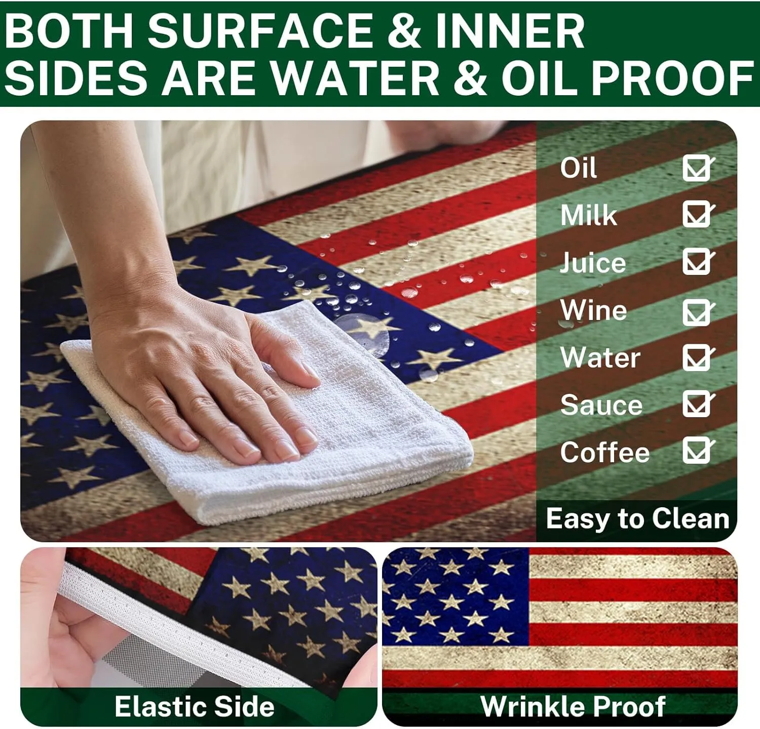 Picnic Table Cover with Bench Covers Elastic Edges, American Flag Fitted Table Cover, Outdoor Patio Camping Essentials 72 Inch 3PCS, Waterproof Camping Fitted Tablecloth with Drawstring Bag