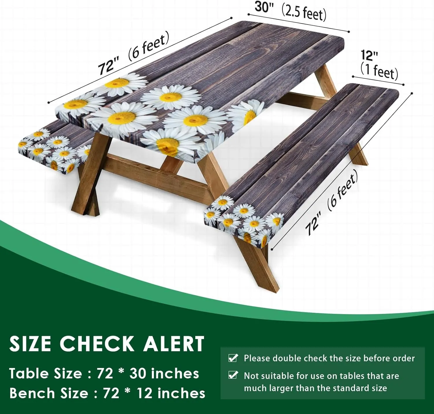 Picnic Table Cover with Bench Covers Elastic Edges, Chamomile Flower Fitted Table Cover, Outdoor Patio Camping Essentials 72 Inch 3PCS, Waterproof Camping Fitted Tablecloth with Drawstring Bag