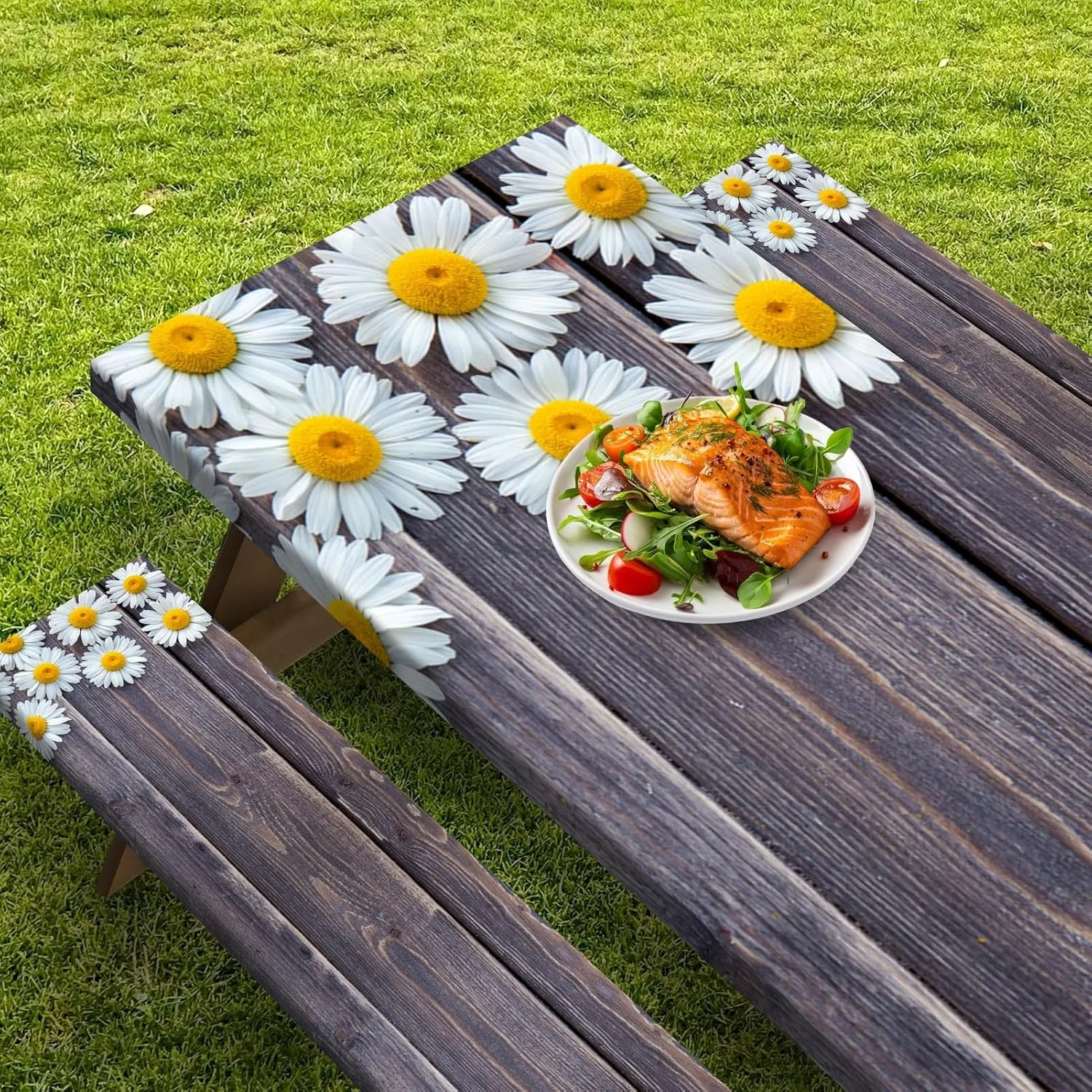 Picnic Table Cover with Bench Covers Elastic Edges, Chamomile Flower Fitted Table Cover, Outdoor Patio Camping Essentials 72 Inch 3PCS, Waterproof Camping Fitted Tablecloth with Drawstring Bag