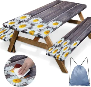 Picnic Table Cover with Bench Covers Elastic Edges, Chamomile Flower Fitted Table Cover, Outdoor Patio Camping Essentials 72 Inch 3PCS, Waterproof Camping Fitted Tablecloth with Drawstring Bag