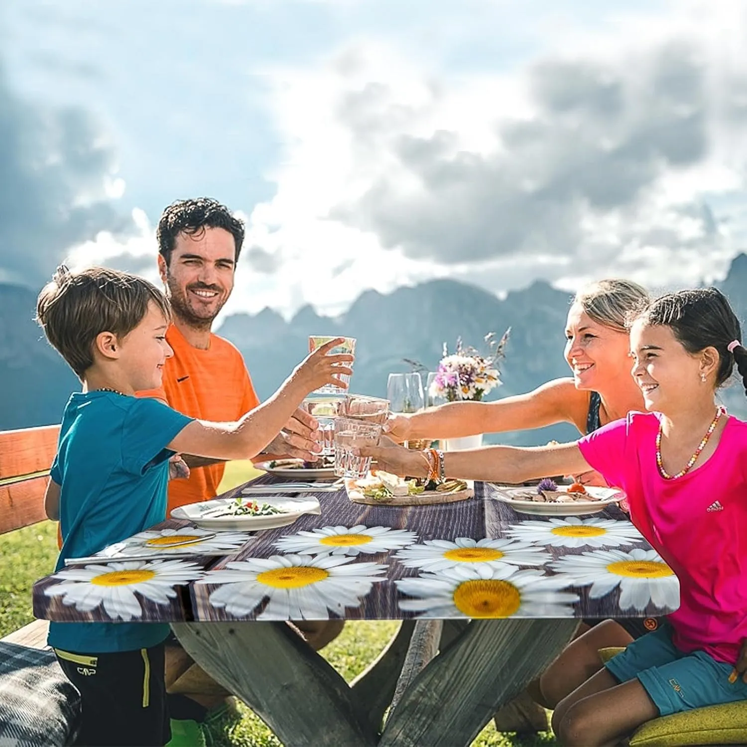 Picnic Table Cover with Bench Covers Elastic Edges, Chamomile Flower Fitted Table Cover, Outdoor Patio Camping Essentials 72 Inch 3PCS, Waterproof Camping Fitted Tablecloth with Drawstring Bag