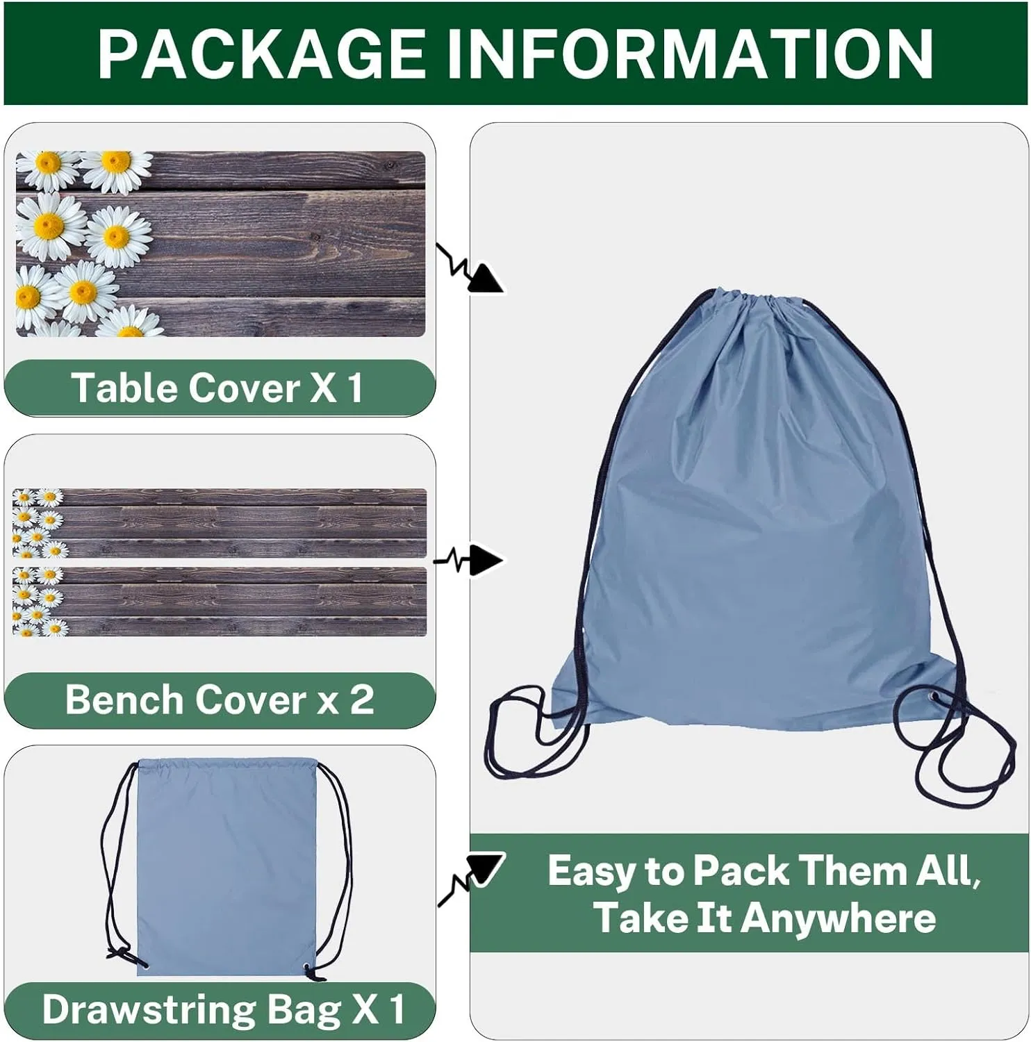 Picnic Table Cover with Bench Covers Elastic Edges, Chamomile Flower Fitted Table Cover, Outdoor Patio Camping Essentials 72 Inch 3PCS, Waterproof Camping Fitted Tablecloth with Drawstring Bag