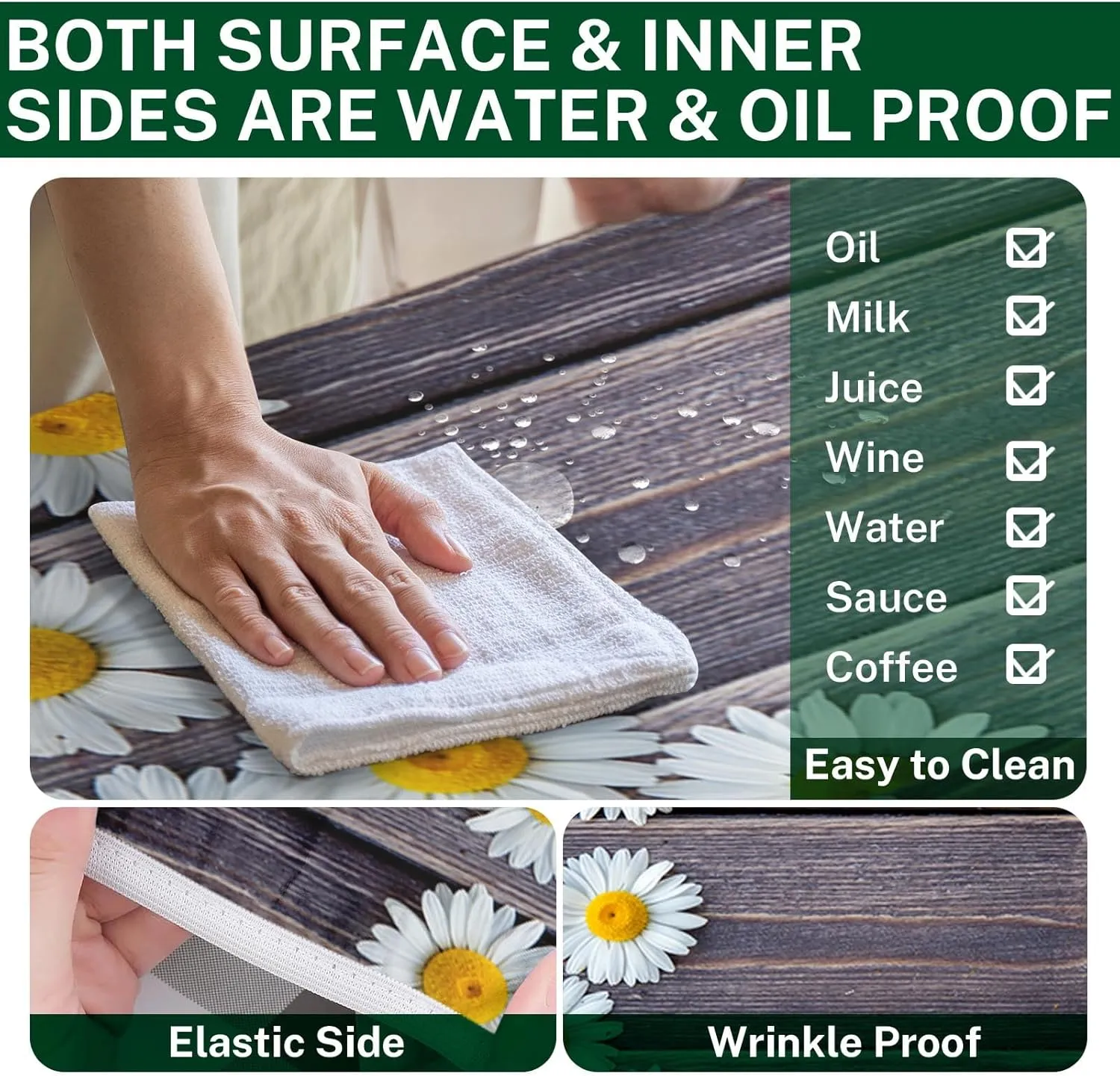 Picnic Table Cover with Bench Covers Elastic Edges, Chamomile Flower Fitted Table Cover, Outdoor Patio Camping Essentials 72 Inch 3PCS, Waterproof Camping Fitted Tablecloth with Drawstring Bag