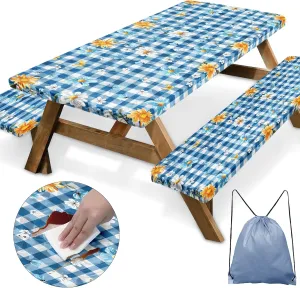 Picnic Table Cover with Bench Covers Elastic Edges, Sunflower Fitted Table Cover, Outdoor Patio Camping Essentials 72 Inch 3PCS, Waterproof Camping Fitted Tablecloth with Drawstring Bag