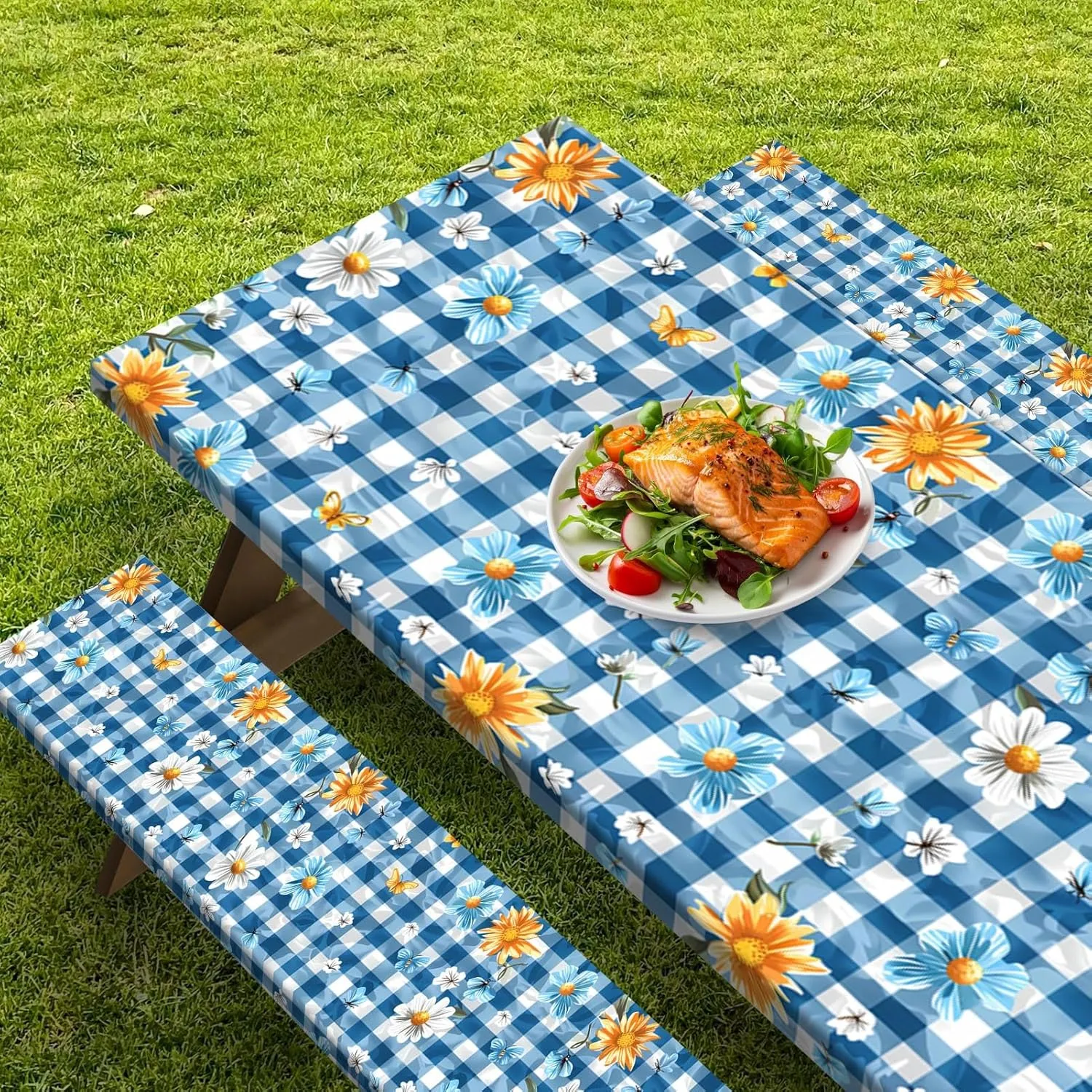 Picnic Table Cover with Bench Covers Elastic Edges, Sunflower Fitted Table Cover, Outdoor Patio Camping Essentials 72 Inch 3PCS, Waterproof Camping Fitted Tablecloth with Drawstring Bag