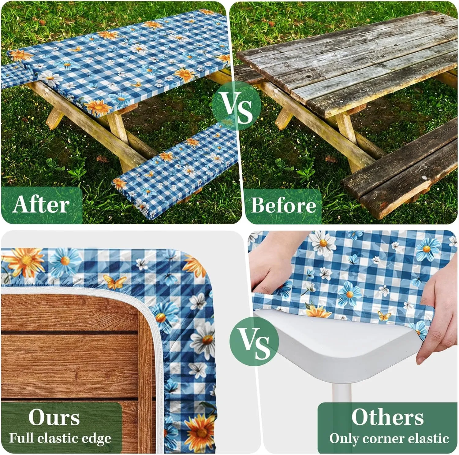 Picnic Table Cover with Bench Covers Elastic Edges, Sunflower Fitted Table Cover, Outdoor Patio Camping Essentials 72 Inch 3PCS, Waterproof Camping Fitted Tablecloth with Drawstring Bag