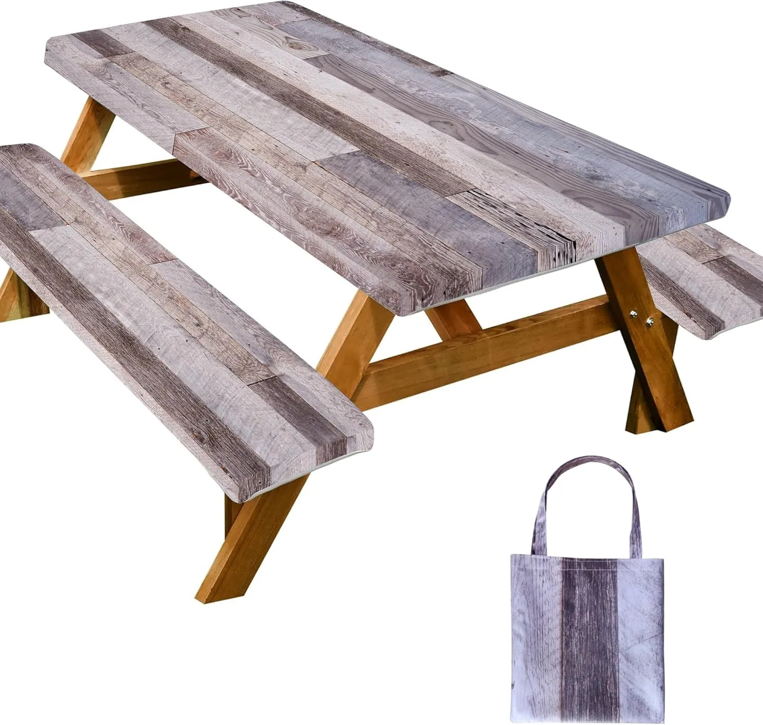 Picnic Table Cover with Bench Covers Farmhouse Waterproof Windproof Fitted Outdoor Tablecloth with Elastic Rectangle Table Cloth Camping Must Haves Rv Accessories,72x30 Inch (Wood )