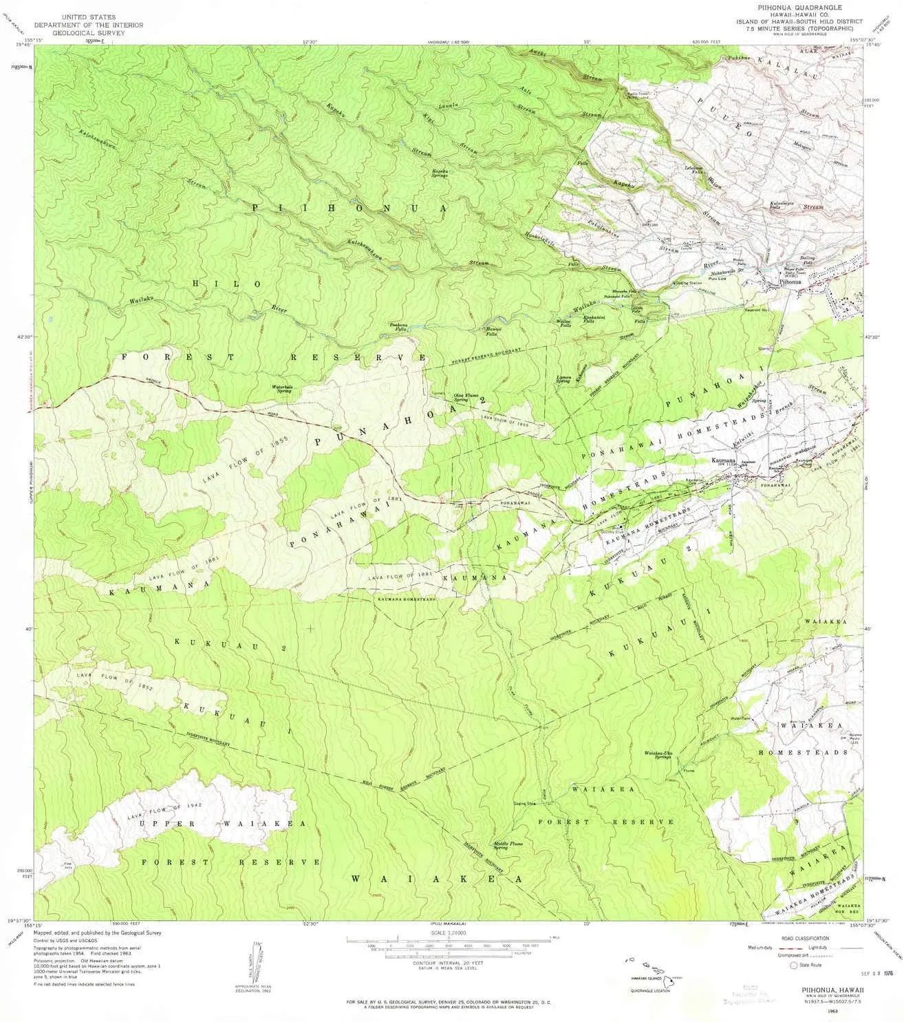 Piihonua HI topo map, 1:24000 Scale, 7.5 X 7.5 Minute, Historical, 1963, Updated 1964, 26.8 x 24.5 in