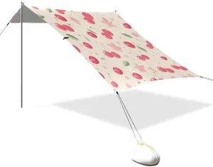 Pink Cherries Beige Foldable Beach Tent UPF50 Easy Setup Large Sun Shade with Sandbags and Shovel for Camping, Picnics, Backyard & Fishing