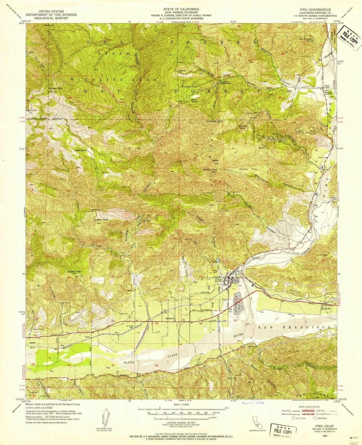 Piru CA topo map, 1:24000 Scale, 7.5 X 7.5 Minute, Historical, 1952, Updated 1953, 26.9 x 21.9 in