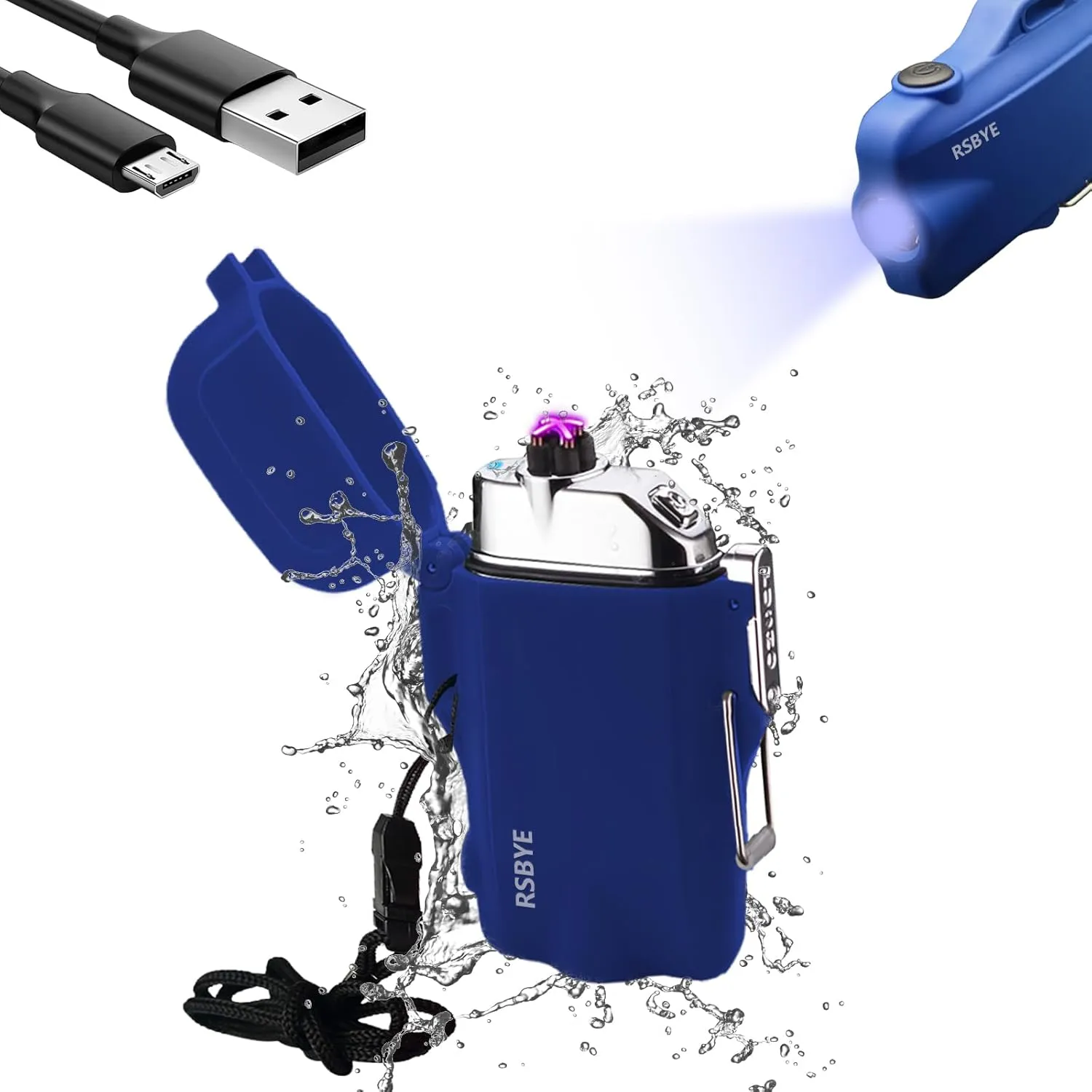Plasma Lighter - Windproof, Rechargeable LED Flashlight with Lanyard - Blue