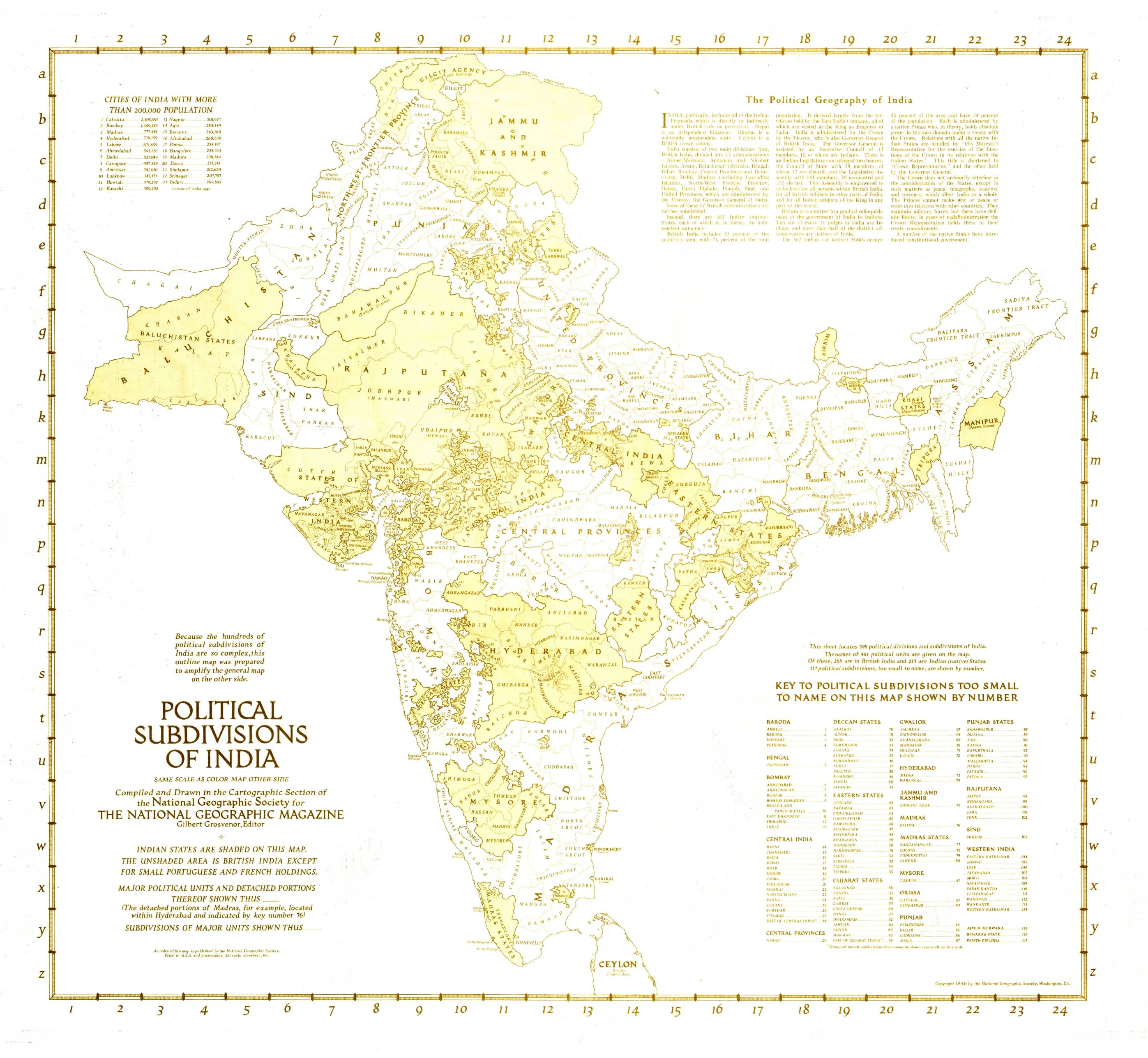 Political Subdivisions of India Wall Map - Published 1946 by National Geographic