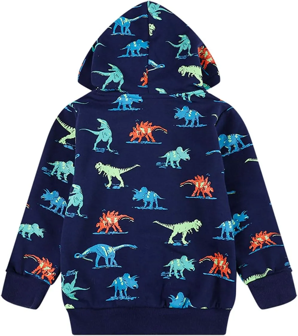 Popshion Boys Toddler Cartoon Dinosaur Hoodies Jacket Cool Long Sleeve Zipper Hooded Sport Sweatshirt Coat for Kids 1-7 Years