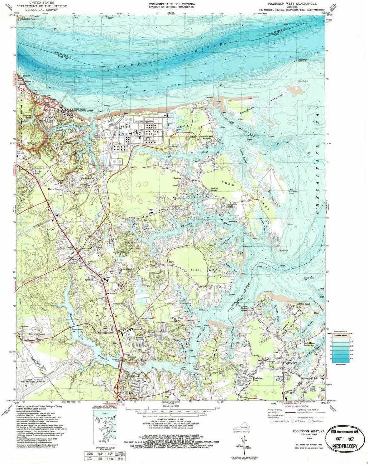 Poquoson West VA topo map, 1:24000 Scale, 7.5 X 7.5 Minute, Historical, 1983, Updated 1987, 27.5 x 21.9 in