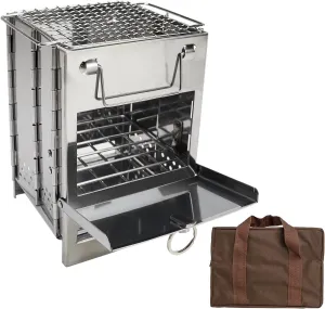 Portable Camping Stove with Grill & Carry Bag, Lightweight & Folding Camping Stove, Stainless Steel Wood Burning Stove, Mini Wood Stove for Outdoor Hiking Camping Picnic Emergency Stove (Large)