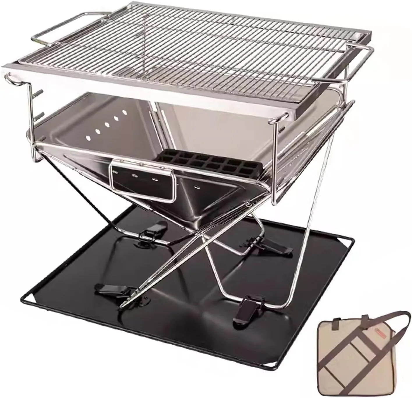 Portable Camping Stove with Storage Bag, Folding Wood Burning Stoves, Stainless Steel Frame, 3 Speed Height Adjustment for Camping Grill Outdoor Events(45 * 45 * 43cm)