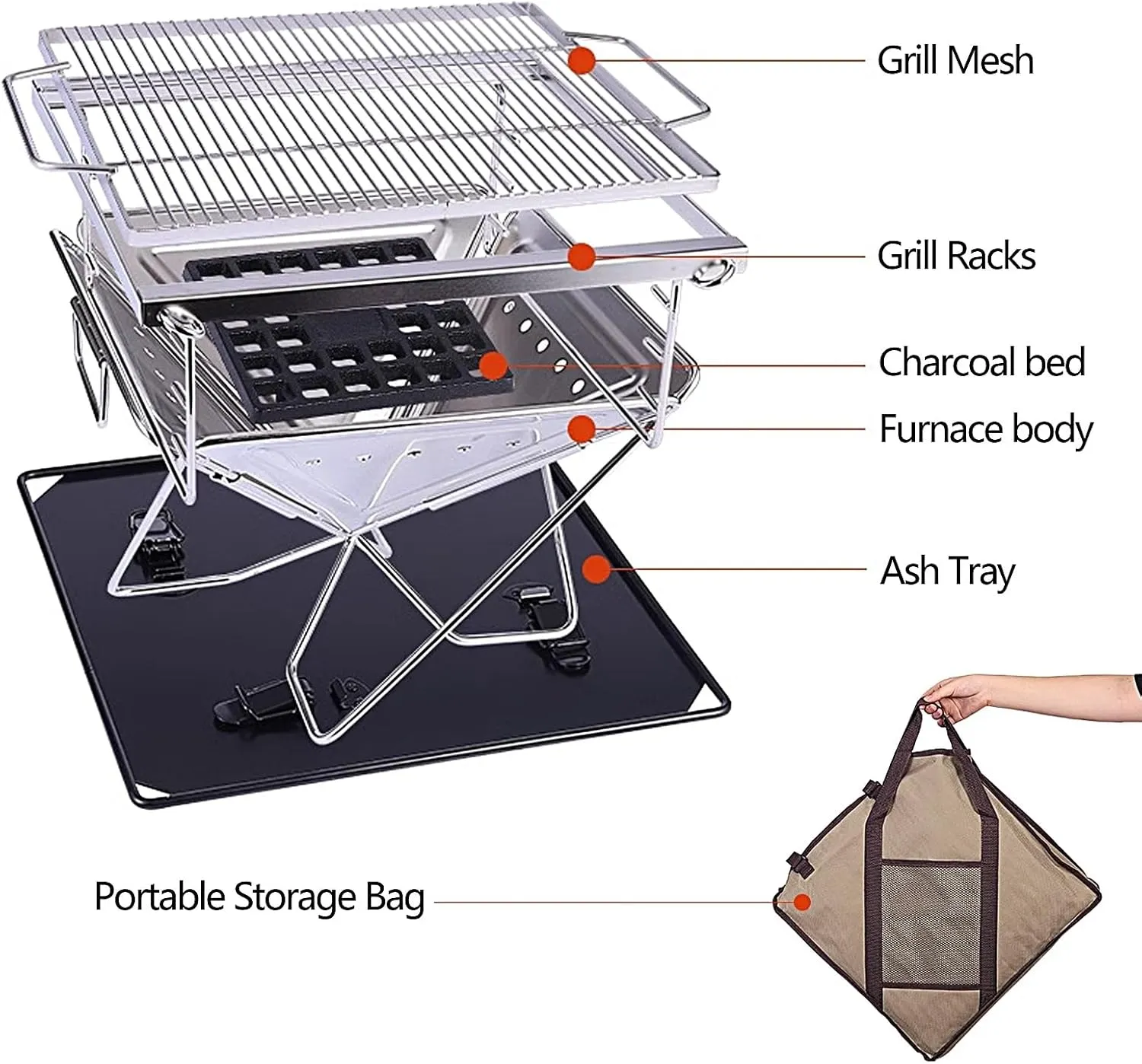 Portable Camping Stove with Storage Bag, Folding Wood Burning Stoves, Stainless Steel Frame, 3 Speed Height Adjustment for Camping Grill Outdoor Events(45 * 45 * 43cm)