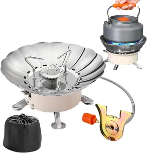Portable Camping Stove,Camping Cook Stove | Foldable Adjustable Flower Shield Stainless Cassette Burner Piezoelectric Ignition Windproof for Beach Outings Disaster