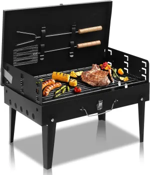 Portable Charcoal Grill - Folding Square BBQ Grill with Adjustable Height & Windproof Lid, Compact 44x27cm Cast Iron Grill for Camping, Beach, Picnics (Black)​