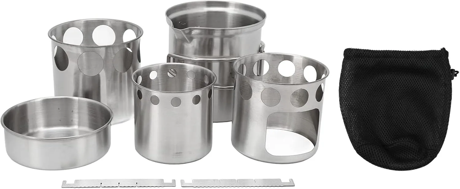 Portable Cookware Set, Stainless Steel Outdoor Wood Stove Cooking Pot Set, Survival Cooking Kit for Camping Hiking and Picnic Backpacking