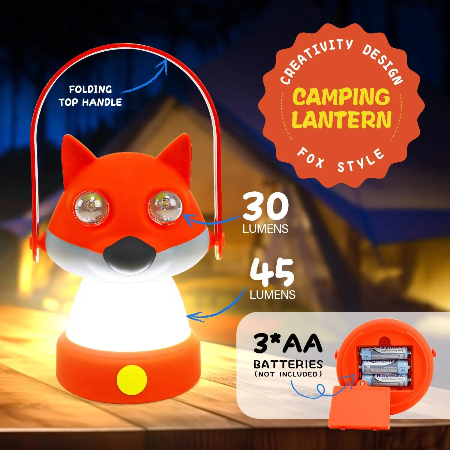 Portable LED Camping Tent Lantern & Headlamp Set, 2 Modes for Tablelight, Camping, Hiking Emergency Light, Battery Powered for Children Aged 6-12 in Outdoor and Indoor (Fox Set)