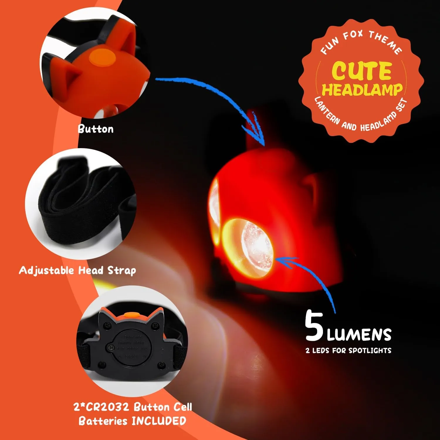 Portable LED Camping Tent Lantern & Headlamp Set, 2 Modes for Tablelight, Camping, Hiking Emergency Light, Battery Powered for Children Aged 6-12 in Outdoor and Indoor (Fox Set)