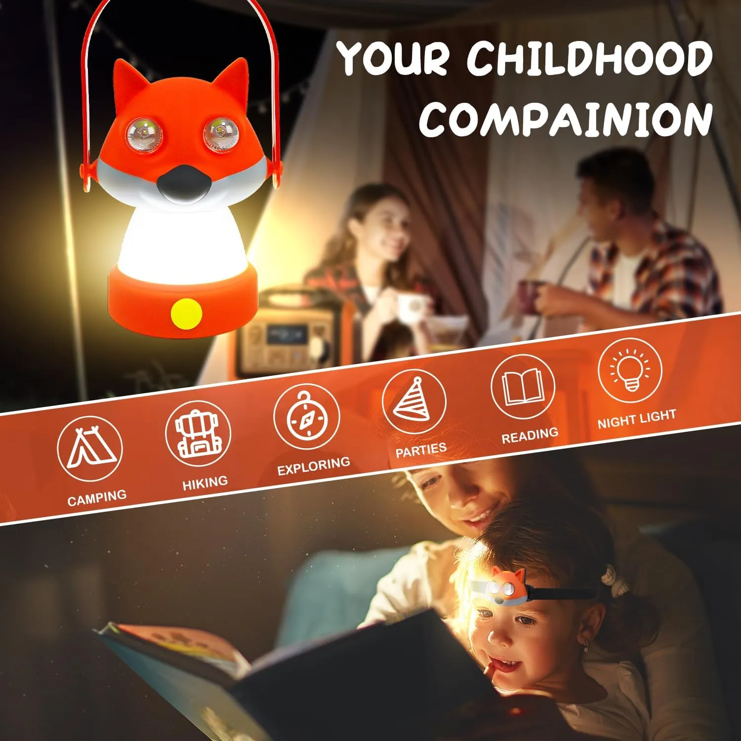 Portable LED Camping Tent Lantern & Headlamp Set, 2 Modes for Tablelight, Camping, Hiking Emergency Light, Battery Powered for Children Aged 6-12 in Outdoor and Indoor (Fox Set)