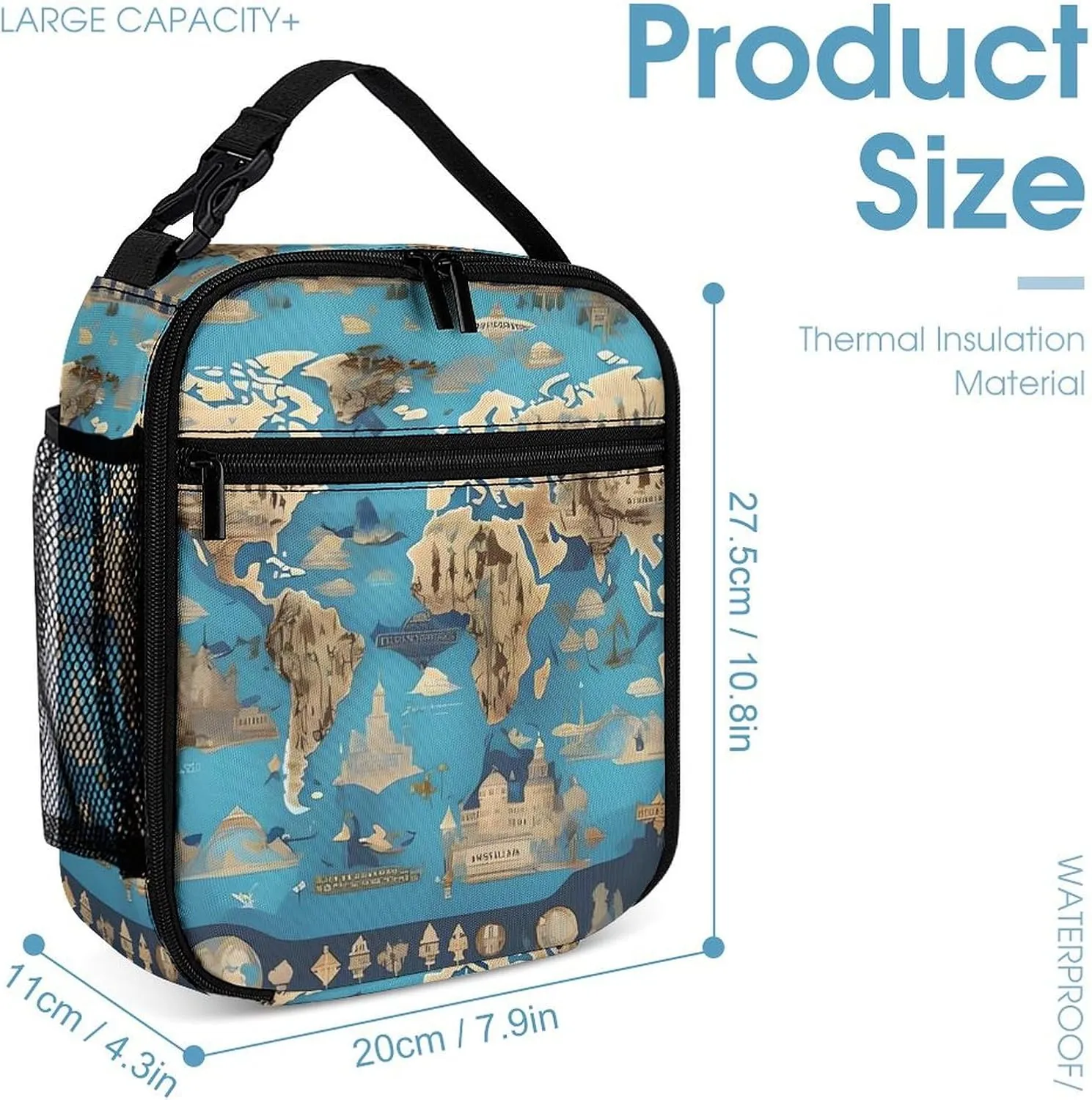 Portable Lunch Bag Reusable Lunch Box Insulated Soft Bag World Geography Map Cooler Tote Bag for Work Picnic