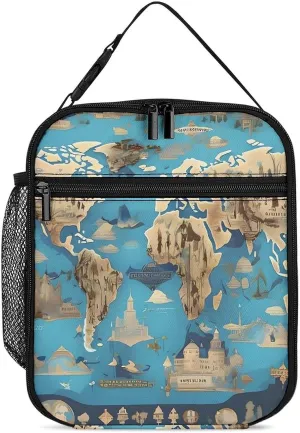 Portable Lunch Bag Reusable Lunch Box Insulated Soft Bag World Geography Map Cooler Tote Bag for Work Picnic