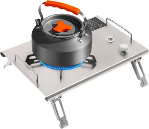 Portable Outdoor Gas Stove, Desktop & Embed Folding Single-Burner Gas Stove, 13,648 BTUs Electronic Ignition Stainless Steel Outdoor Hiking Camping Cooking Stove with Storage Bag, Silver