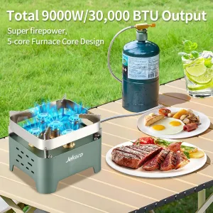 Portable Propane Camping Stove 5 Burners with Folding Cast Iron Camping Campfire Grill Pot Rack Carrying Case