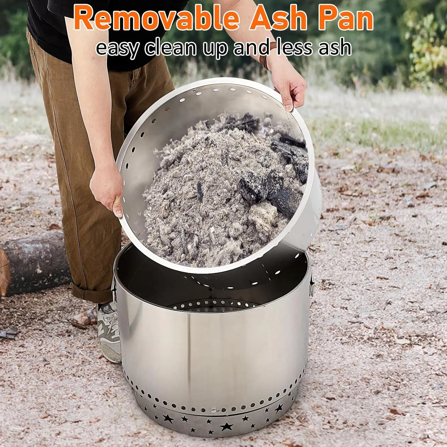 Portable Smokeless Fire Pit 20.5" with Stand, Handles Design, Stainless Steel Stove Wood Burning, Removable Ash Pan, for Camping, Garden, Backyard