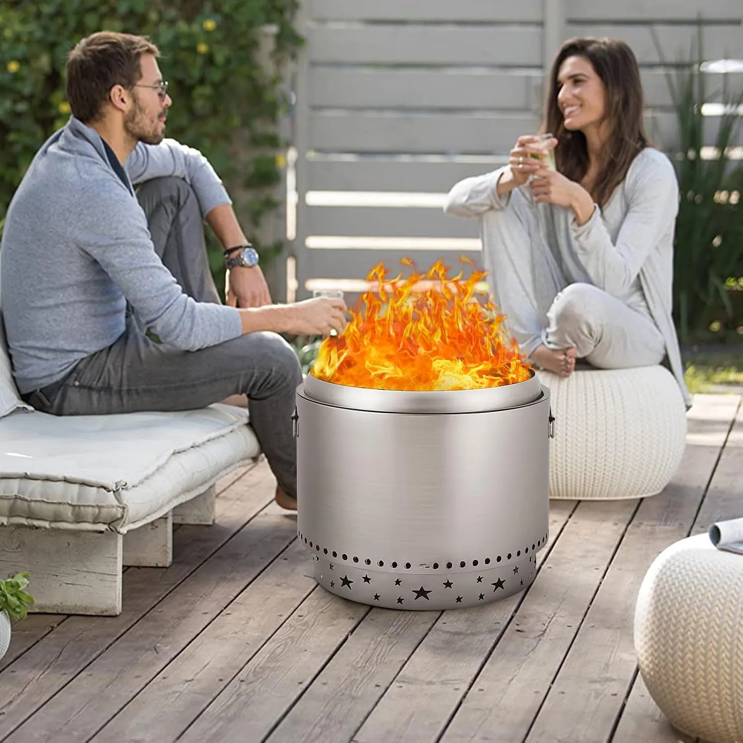 Portable Smokeless Fire Pit 20.5" with Stand, Handles Design, Stainless Steel Stove Wood Burning, Removable Ash Pan, for Camping, Garden, Backyard