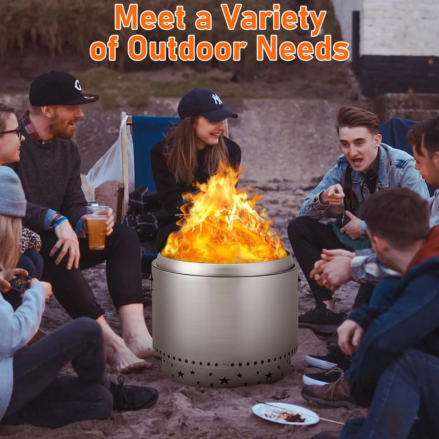 Portable Smokeless Fire Pit 20.5" with Stand, Handles Design, Stainless Steel Stove Wood Burning, Removable Ash Pan, for Camping, Garden, Backyard
