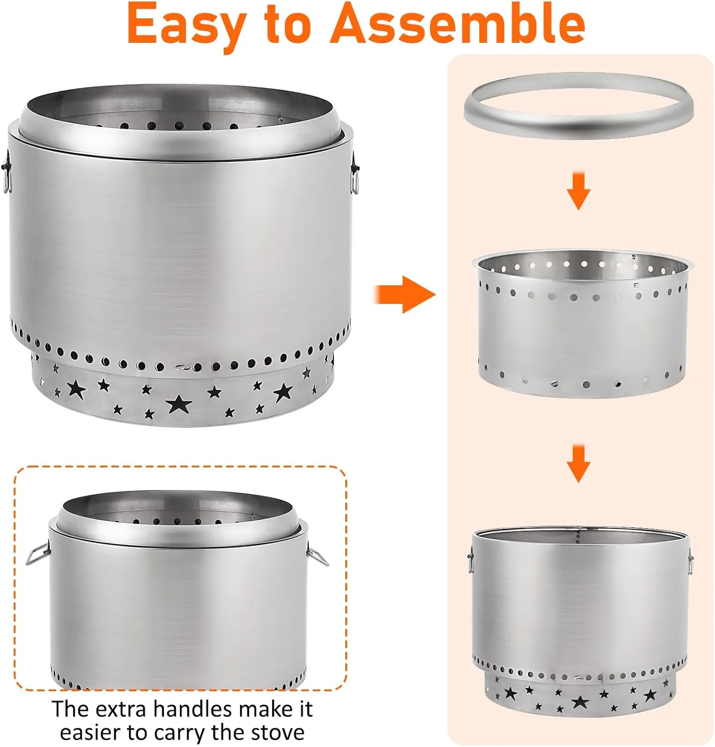 Portable Smokeless Fire Pit 20.5" with Stand, Handles Design, Stainless Steel Stove Wood Burning, Removable Ash Pan, for Camping, Garden, Backyard