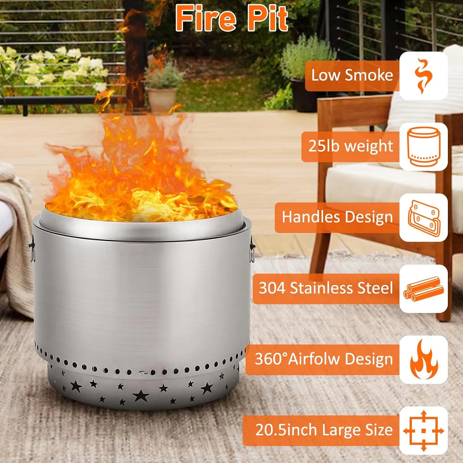 Portable Smokeless Fire Pit 20.5" with Stand, Handles Design, Stainless Steel Stove Wood Burning, Removable Ash Pan, for Camping, Garden, Backyard
