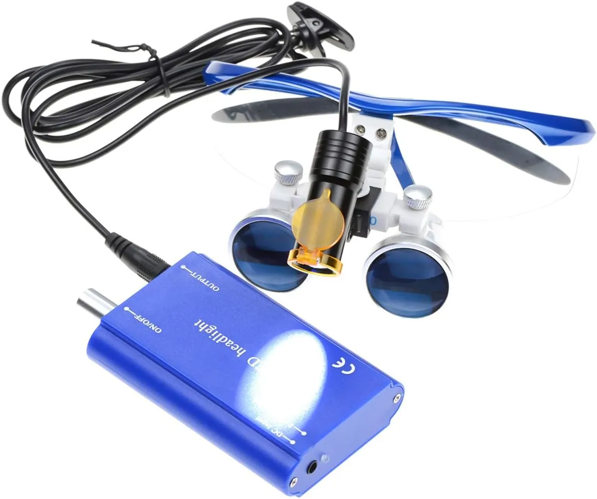 Portable Waist 5W LED Headlight HeadLamp Filter with 3.5X-420mm Hanging Style Binocular Loupes Aluminum Box (Blue)
