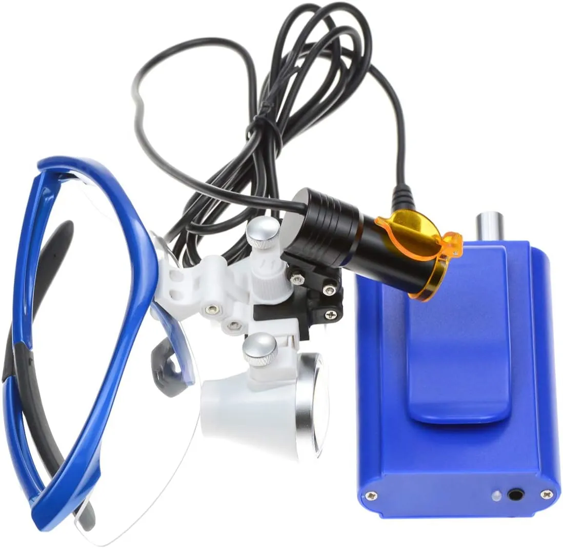 Portable Waist 5W LED Headlight HeadLamp Filter with 3.5X-420mm Hanging Style Binocular Loupes Aluminum Box (Blue)