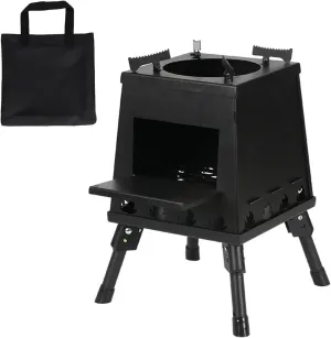 Portable Wood Burning Camp Stove with Retractable and Foldable Legs, Outdoor Camping Carbon Steel with Pot Stand & Carrying Bag for Picnic Outdoor Backpacking Hiking Cooking, Black (Large)