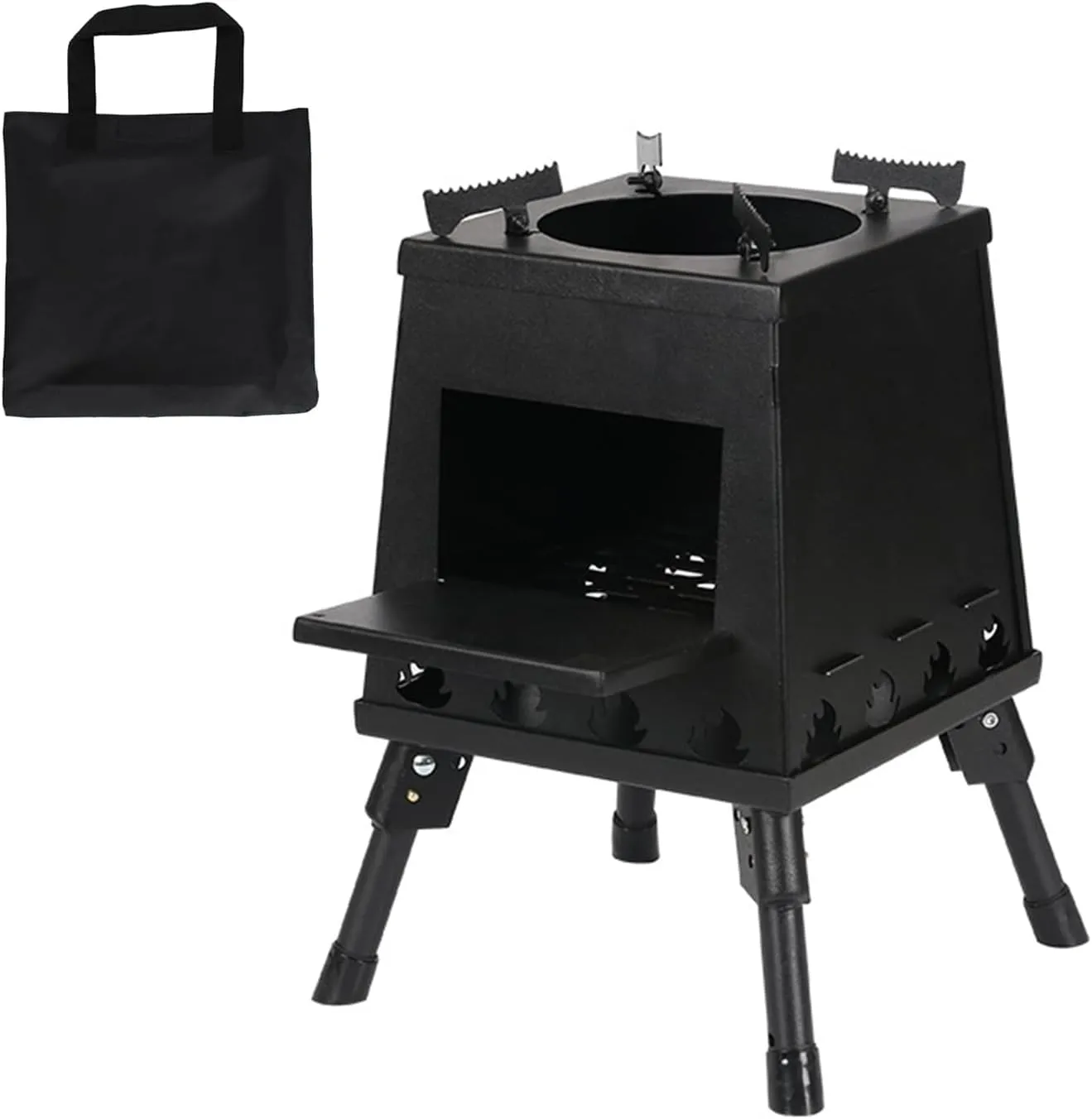 Portable Wood Burning Camp Stove with Retractable and Foldable Legs, Outdoor Camping Carbon Steel with Pot Stand & Carrying Bag for Picnic Outdoor Backpacking Hiking Cooking, Black (Large)