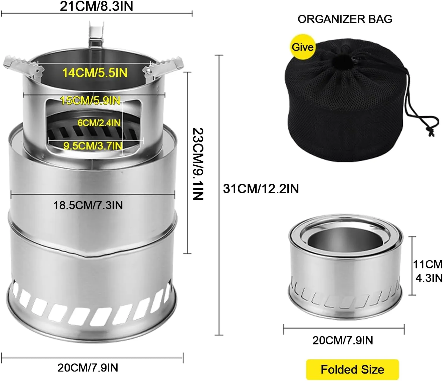 Portable Wood Stove，Split Foldable Camping 201 Stainless Steel Woodstove, Camp Stove Wood，Small Size, Light Weight, Easy to Carry, for Backyard Barbecue/Outdoor Camping(Large)