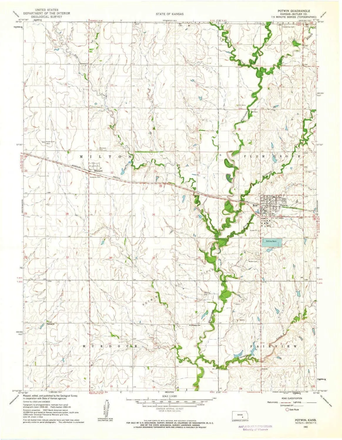 Potwin KS topo map, 1:24000 Scale, 7.5 X 7.5 Minute, Historical, 1961, Updated 1962, 27.12 x 21.17 in