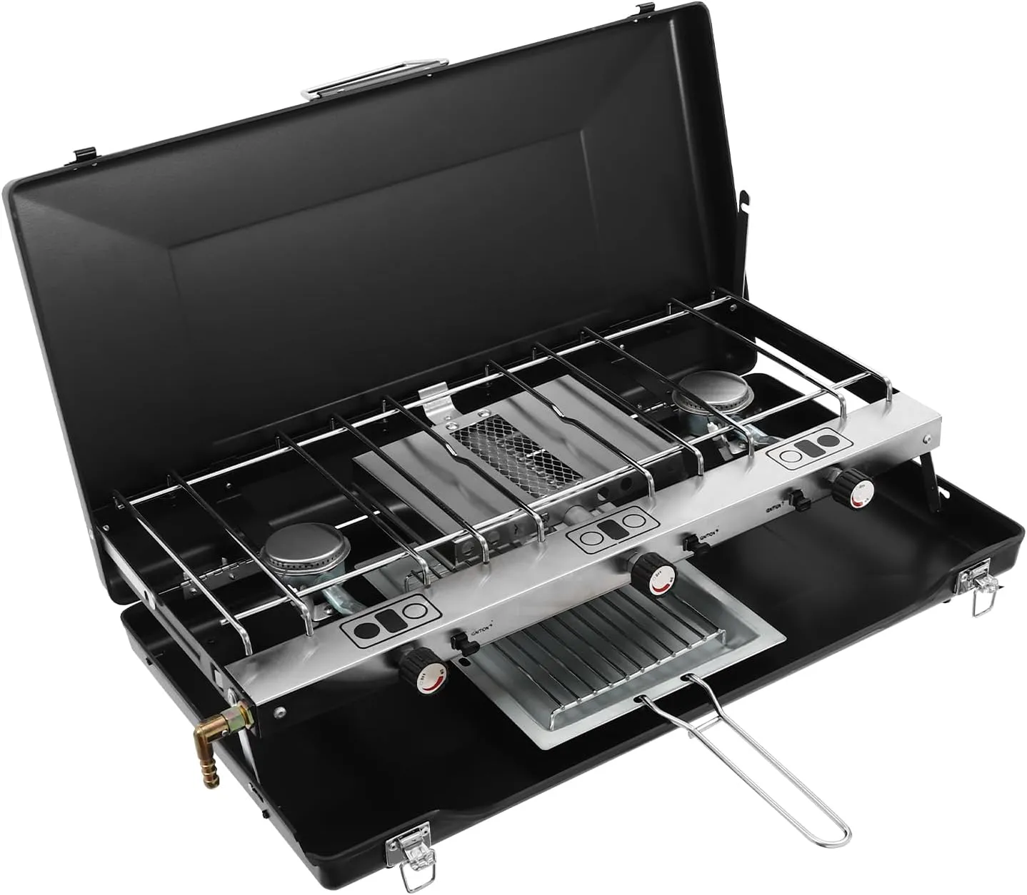 Propane Camping Stove, 3-Burner Portable Stove, Adjustable Camping Grill with Wind Guards, Toast Tray, 15300 Total BTUs for Car Camping BBQ Picnics Outdoor Cooking Propane Burner