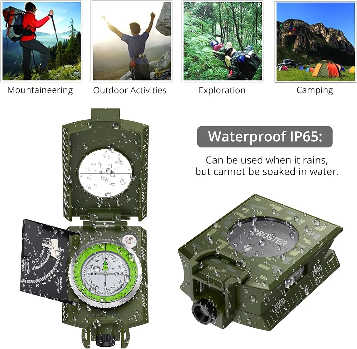 Proster IP65 Compass Hiking Survival - Lensatic Sighting Compass for Camping Navigation, Compass with Clinometer & Carry Bag for Camping Hunting Hiking Geology Activities