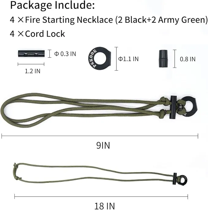 PSKOOK Fire Starter Necklace, Survival Paracord Necklace with Flint and Steel, Bushcraft Necklace for Camping, Hiking and Backpacking