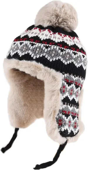 PURFUN Women Teens Knitted Trapper Hat with Thick Faux Fur Lining, Windproof Ushanka Earflap Cap Beanie Cycling Ski Cap Hat